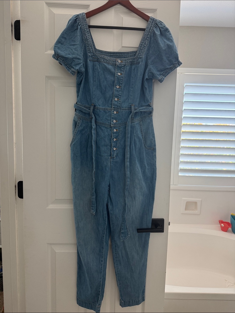 Pilcro and the Letterpress Light Blue Denim Puff-Sleeve Tie-Waist Jumpsuit - Picture 2 of 3